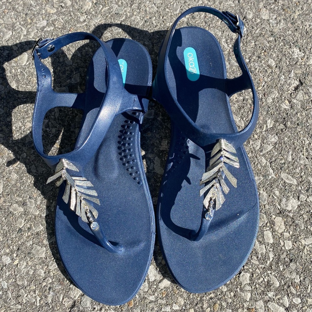 OKA b. Navy Sandals with Silver Leaf Accents